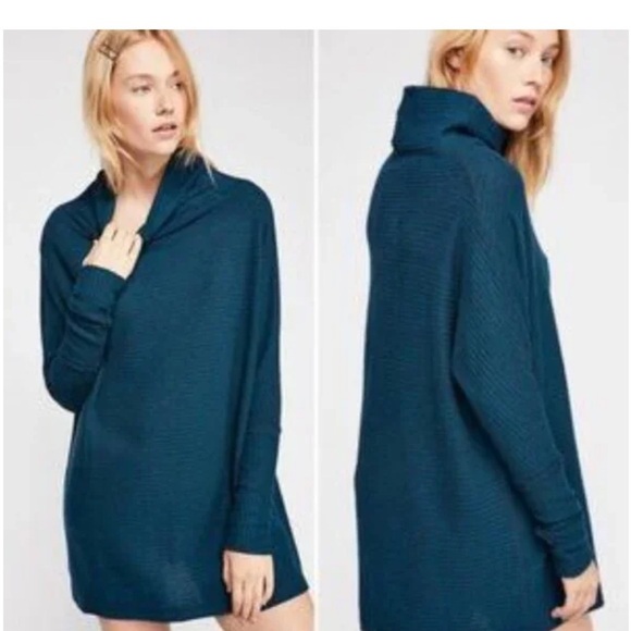 We The Free Sweaters - Free People We The Free Kitty Waffle Knit Tunic Top Blue Cowl Neck Sweater